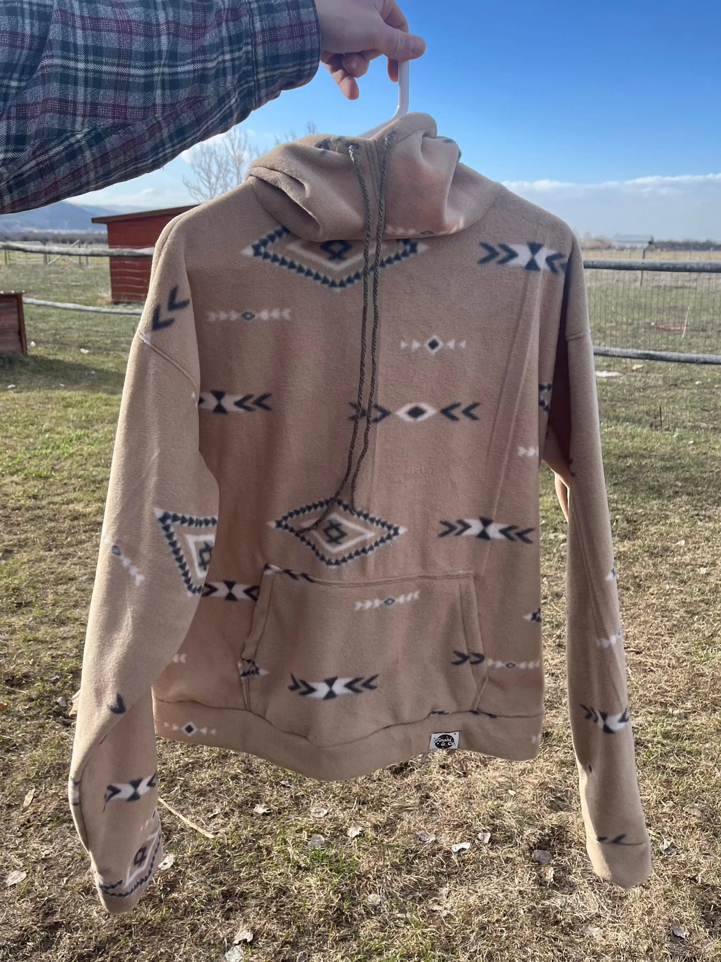 Handmade beige fleece geometric aztec hoodie. Cozy layer with face/neck covering for extra warmth skiing, camping, on the river or around town.